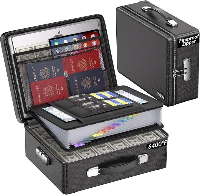 DocSafe 6400°F Fireproof Document Box with Lock, 10 Layers Heat Insulated | Fire&Water Resistant, Hard Case Safe Box with Zipper＆Multi Pockets, Protects Personal Items,Documents,Laptop,Passport, Black