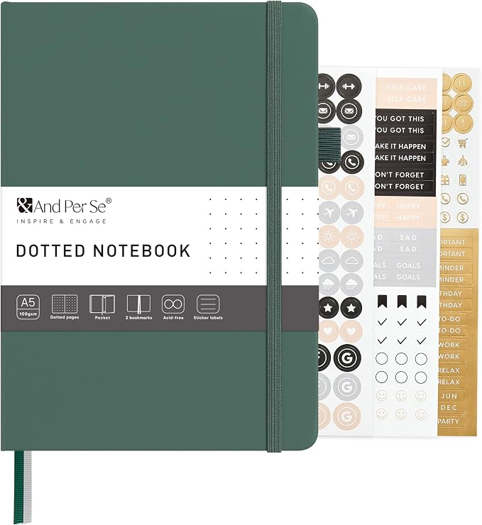 &And Per Se Dotted Journal – A5 Hardcover, Dot Grid Notebook for Planning & Journaling, 160 Pages 100gsm Paper, Stickers - 5.7”x8” (Dark Green)