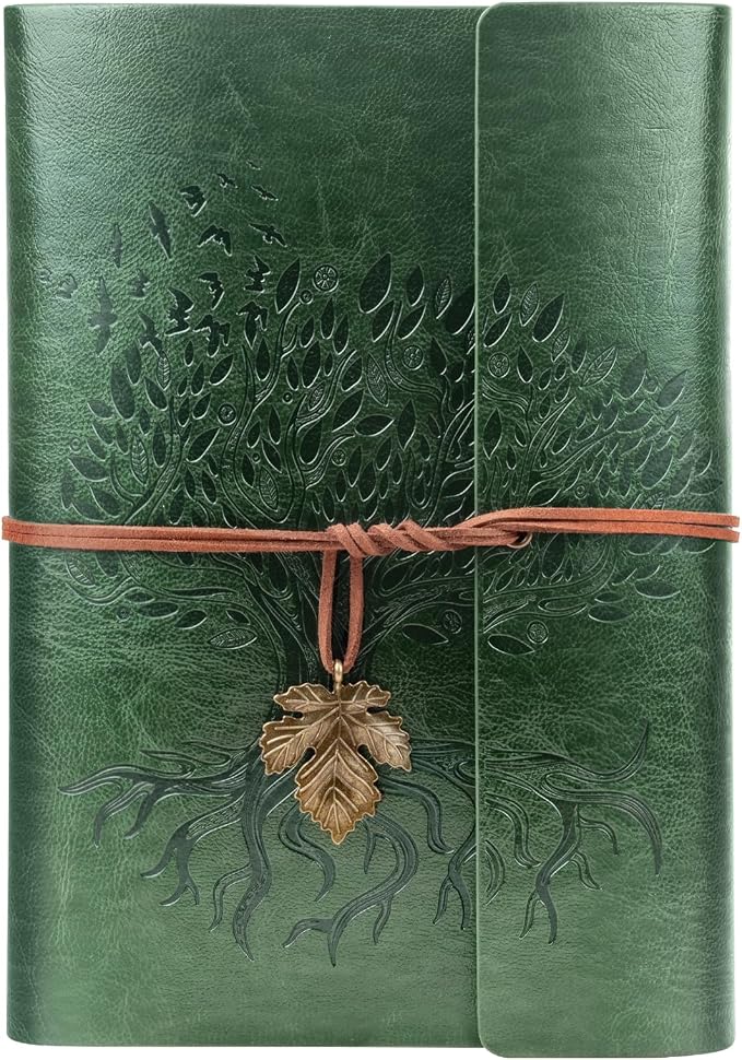 Billtigif Leather Journal Notebook, Refillable Travelers Notebook with Transparent Bag, 160 Pages, 6.5" x 9.2" Vintage Journal, Graduation Gifts for Women and Men (Green, A5)