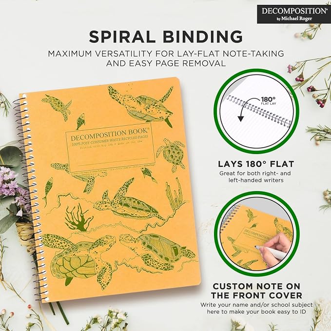 Decomposition Sea Turtles College Ruled Spiral Notebook - 9.75 x 7.5 Journal with 160 Lined Pages - 100% Recycled Paper - Cute Notebooks for School Supplies, Home & Office - Made in USA