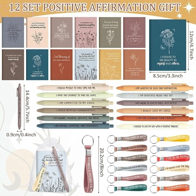 Mooliwe 12 Set Positive Affirmation Gift Set Gratitude Notebooks with Pens Keychains Small Bags Motivational Party Favors for Adult Women Coworkers Employee Group (Fresh)