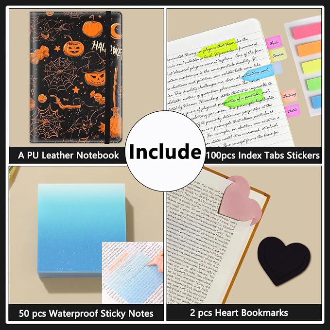 A5 Leather Lined Journal Notebook, 200 Pages Hardcover Executive Notebook for Men Women Office School Note Taking, Thick Writing Paper Daily Journal with Bookmarks/Indexes, Halloween Pumpkin