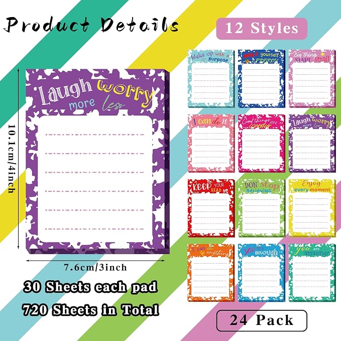 Yinder 24 Pcs Inspirational Sticky Notes, Back to School Supplies, Cute Motivational Sticky Notes Pad Employee Appreciation Gifts Bulk for Teacher Coworker Office 3 x 3'' (Inspirational,Colorful)