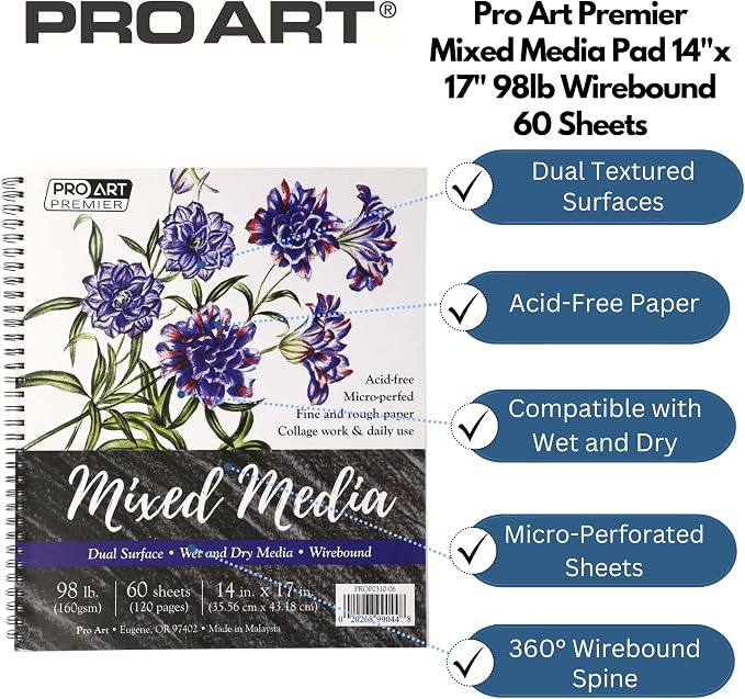 Pro Art Premium Mixed Media Pad 14"x17" 60 Sheets, 98#, Wire, Sketch Book, Sketchbook, Drawing Pad, Sketch Pad, Drawing Paper, Art Book, Paper, Sketchbook for