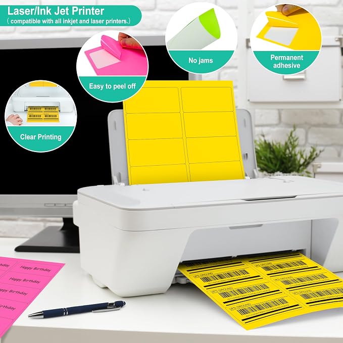 LLIKED 300 Fluorescent Address Labels 2" x 4" - Bright Neon Shipping Stickers for Packages, Envelopes and Organizing - Laser & Inkjet Printer Compatible - Green, Yellow, Pink - 30 Sheets