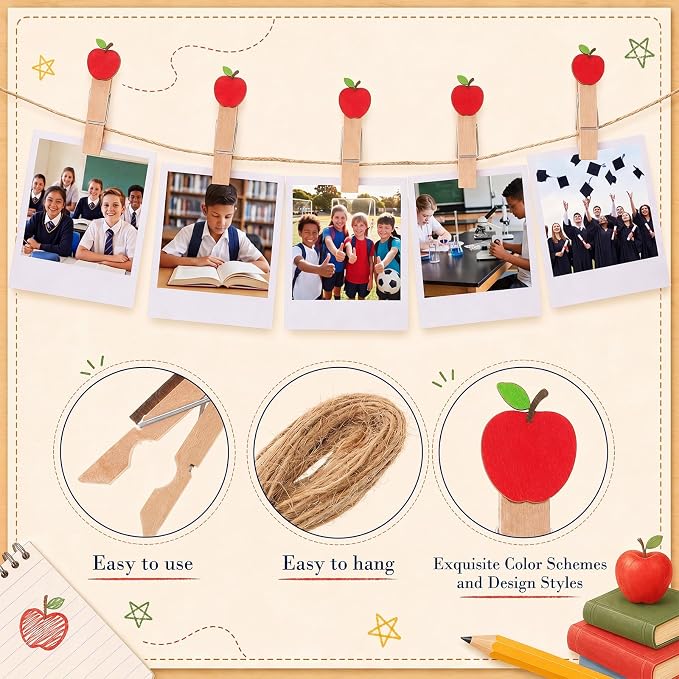 Mifoci 50 Pack Back to School Wooden Photo Clips with Twine, Apple Shaped Clothespins for Classroom Decor, Student Work Display, Teacher Appreciation Gifts, Bulletin Board and Party Decorations