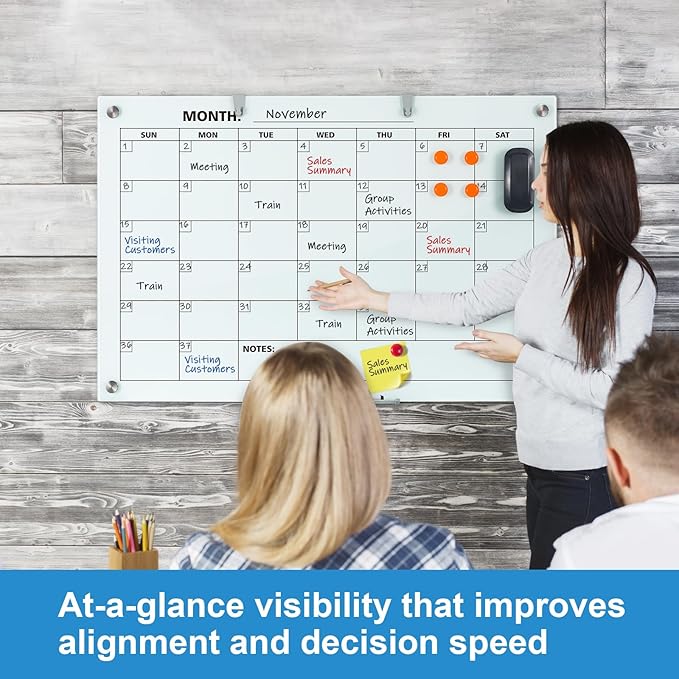 Glass Dry Erase Calendar for Wall, 36 x 24 Inches Magnetic Glass Calendar Whiteboard, 3' x 2' Frameless Monthly Planner Board for Office, Home, School