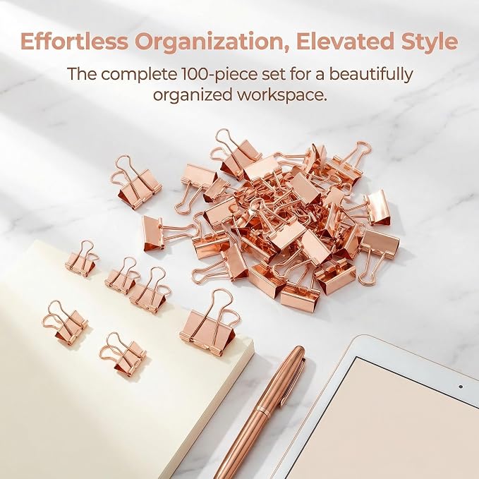 Rose Gold Binder Clips, 100PCS, Assorted Sizes | Solid Metal, Stainless Steel Handle, Aesthetic Desk Supplies, Office School Crafts & Document Organizing