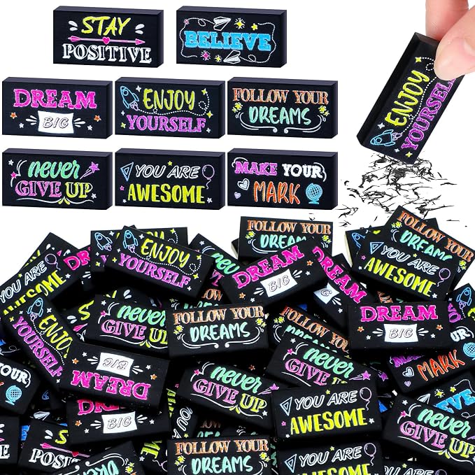 Dunzoom 100 Pcs Back to School Inspirational Pencil Erasers Bulk for Kids Fun Motivational Eraser School Office Supplies for Students Classroom Office Teacher Artists(Colorful Chalkboard)