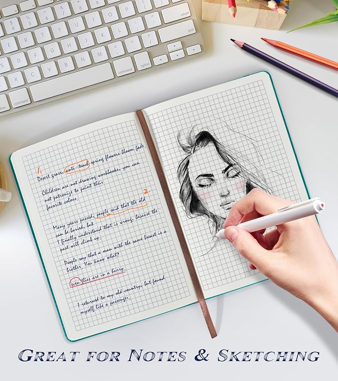 Biuwory A5 Hardcover Graph Paper Notebook, Grid Leather Journal for Writing | 140 Quad Ruled Grid Pages Vintage Diary, 5.7"×8.3" Travel Notebook for Work, School, Women & Men