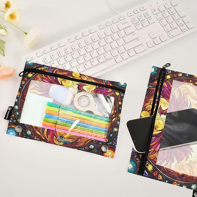 Phoenix Fire Wing Rainbow Glass Pencil Pouch for 3 Ring Binder 2 Pack Zipper Binder Pencil Bag with Clear Window Pencil Case for Office Supplies