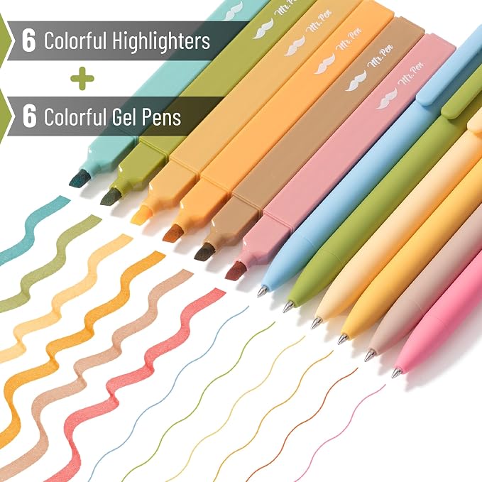Mr. Pen- Aesthetic Highlighters and Gel Pens, 12 Pack | Boho Colors Bible Highlighters No Bleed, Fine Point 0.7mm Gel Pens, Fast Dry and No Smear for Bible Journaling, Planner