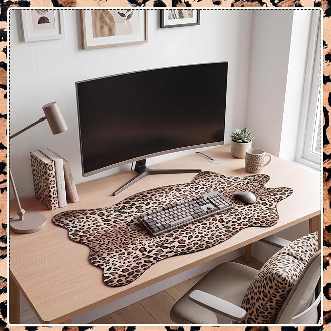 Sabary Large Leopard Print Desk Mat Brown Cheetah Gaming Mouse Pad Leopard Desk Accessories Irregular Shaped Animal Print Decor for Laptop PC Computer Office Home Desktop Decor 31.5" x 15.8"
