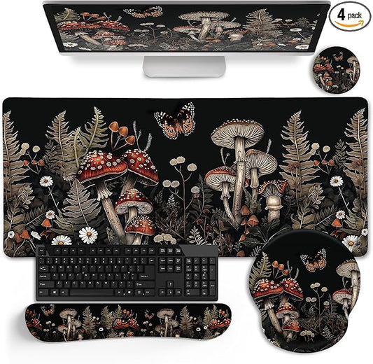 LIMKRIAN Mushroom Mouse Pad Set Large Desk Matt for Desktop Decor | Ergonomic Mouse Pad Wrist Rest, Gaming Computer Mat Keyboard Wrist Support, Coaster, Home Office Desk Accessories Supplies
