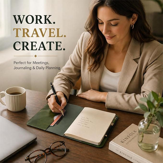 Premium Leather Journal Cover A5 – Handmade Refillable Notebook Cover Sleeve with Pen Holder for Writing, Travel & Business Use 5.75 x 8.25 (Green)
