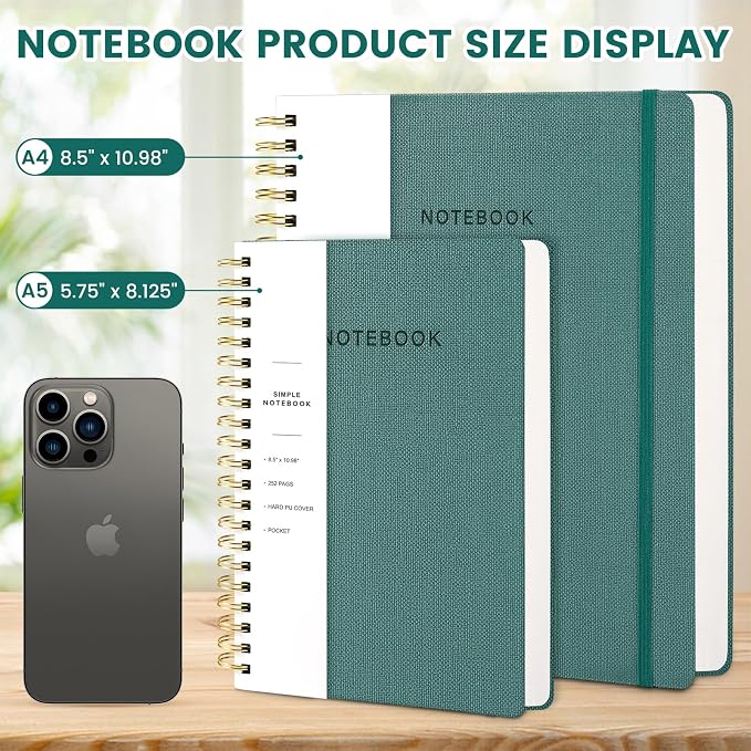 Spiral Notebook - 8.5 x 10.98 Inch Large Hard Cover Notebook with Elastic Band & Pocket, 180 Pages, Lay Flat Wirebound Journal for Work, School, Planning & Note Taking Green