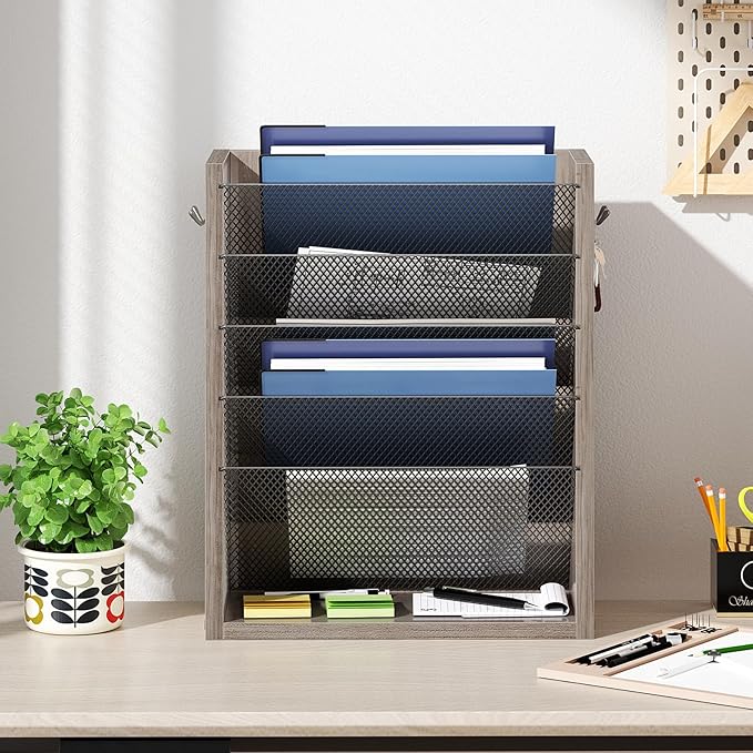 Creso hom Mail Organizer Wall Mounted, Mail Sorter with 2 Key Hooks, 6-Slot File Organizer for Wall or Desk, Wood Letter Holder Envelopes Bills Accessories for Home Office, Greige