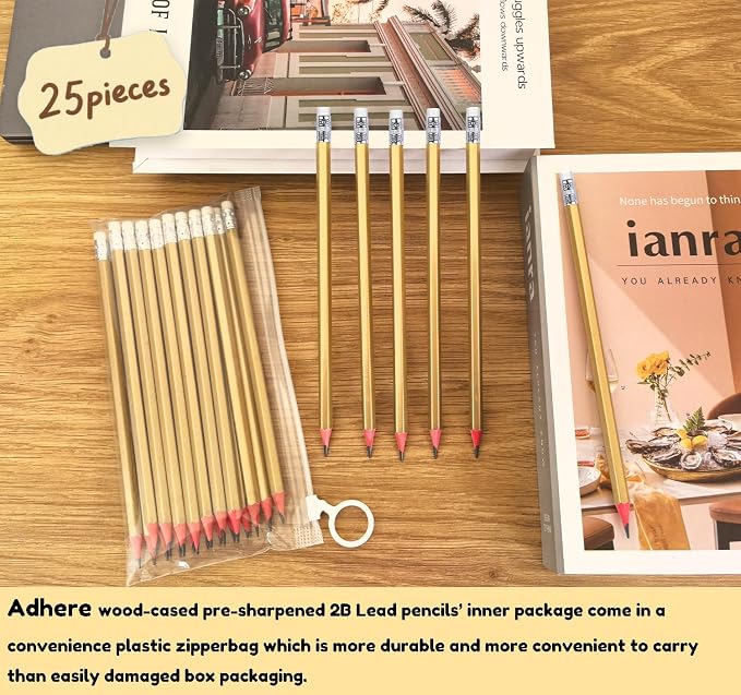 Adhere 25pcs Woodcase Pencils with Eraser Premium Pre-Sharpened Hexagon Graphite 2B pencils ideal for home, office writing including a Free Sharpener