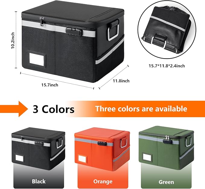 Fireproof Waterproof Document Box with Lock Collapsible Portable File Organizer Hard Shell Storage for Hanging Letter Legal Folders Home Office Safe Green 15.7x11.8x10.2in