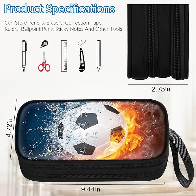 TILYTADLY Large Pencil Case for Boys - Soccer Boys Pencil Pouch with Zipper Compartments - Big Capacity Pen Box Pen Bag Organizer with Keychain for Kids Teens School