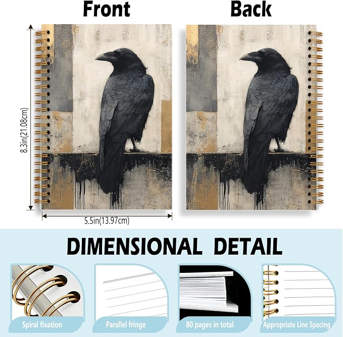 HOXUNQINA Dark Academia Gothic Raven Journal Notebook 5.5x8.3 | Raven Gifts for Women Men Journal, Modern Abstract Minimalist Black Crow Notebooks for Work