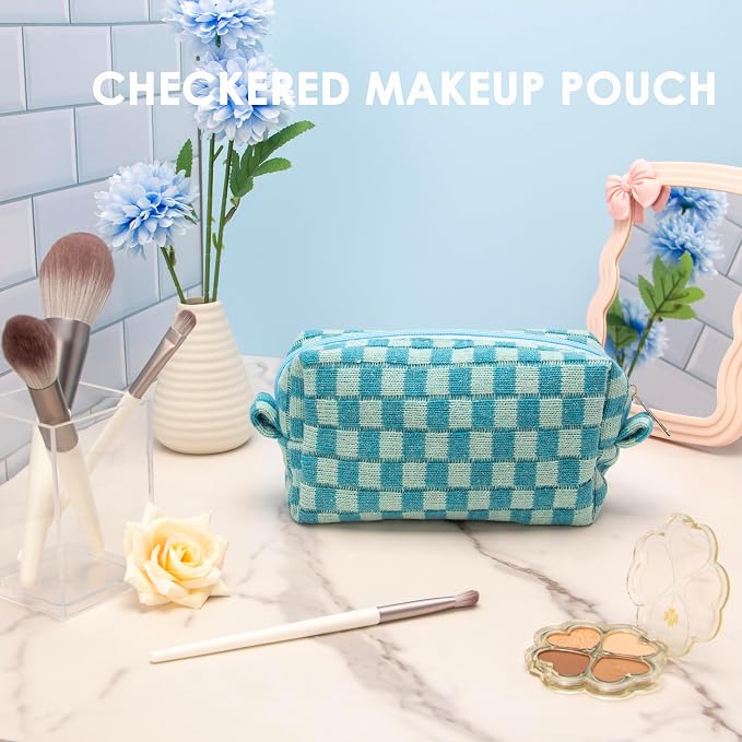 Checkered Makeup Bag for Purse, Small Cosmetic Pouch,Lake Blue,6 Pack | Cute Zipper Makeup Organizer for Women, Travel Essentials, Toiletries, Makeup Brushes, Beauty Accessories&Bridesmaid Gifts