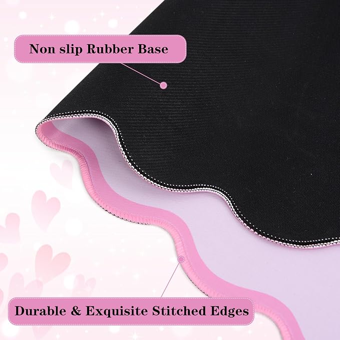 yuboo Pink Scalloped Desk Mat, 31" x 15.7" Large Waterproof Pastel Desk Mat Kawaii Cottagecore Aesthetic Desk Pad Desktop Keyboard Mouse Mat for Dorm Office Gaming Decor