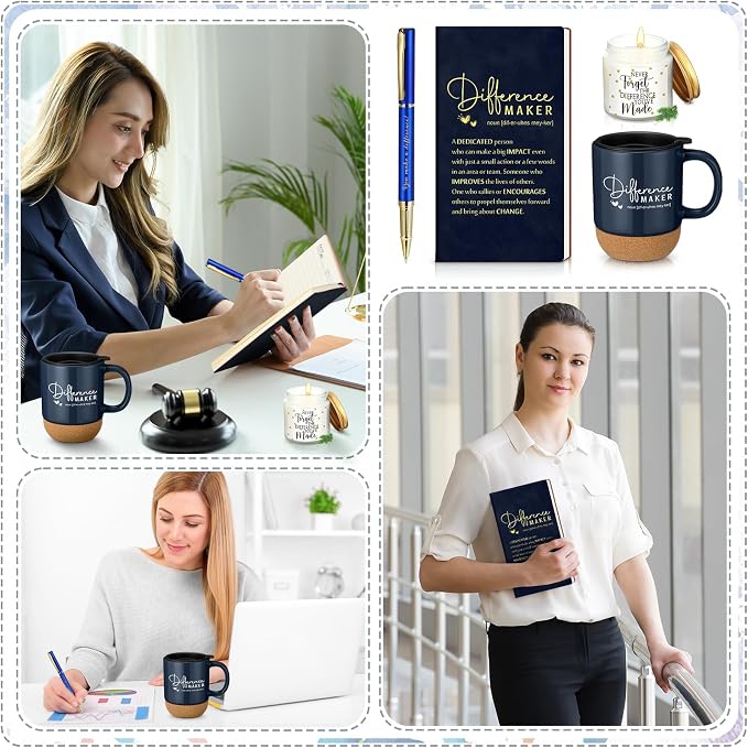 4 Pcs Difference Maker Gift Set Mug Notebook Candle Pen,Navy Blue,Word