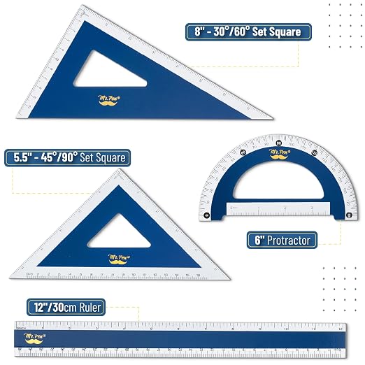 Mr. Pen- Wooden Geometry Set, 4 Pack, 8" 30°/60° Set Square | 5.5" 45°/90° Set Square, 6" Protractor & 12" Ruler for Classroom Use, Math, Drafting, Technical Drawing & Architecture