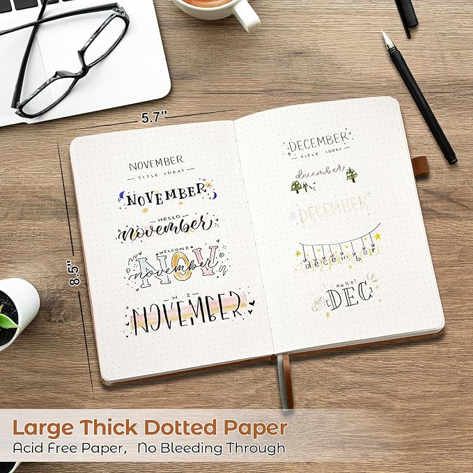 Dotted Journal, Hardcover Leather Dot Grid Notebook Journal for Women Men | No Bleed Thick Paper for Smooth Writing, Lay Flat, A5 Portable Size for Work, School, and Travel, Professional Business Style