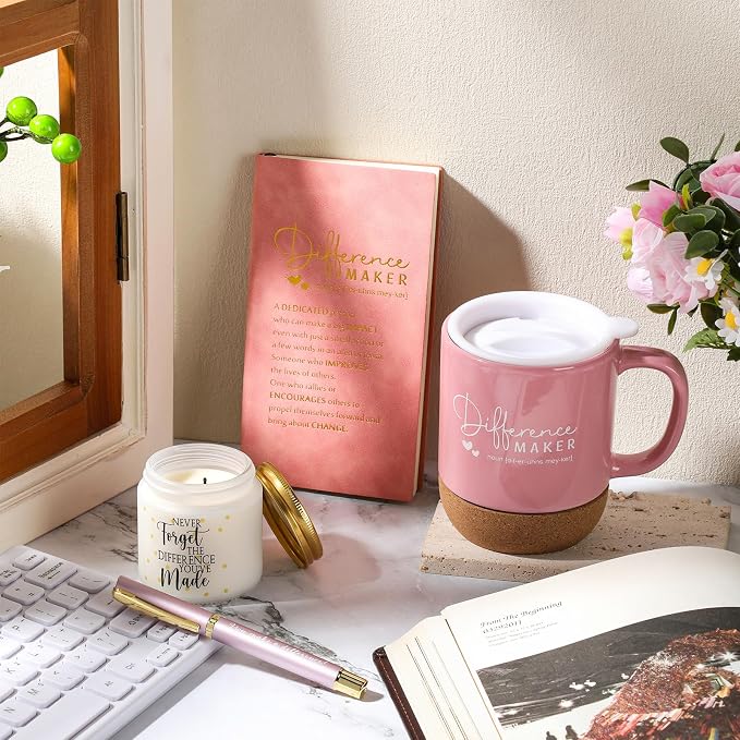 Vesici 4 Pcs Difference Maker Gift Set Mug Notebook Candle Pen,Pink,Word