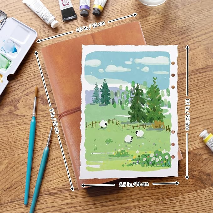 Watercolor Journal, 24 Sheets, 5.5 x 8.1 in, Khaki Leather Cover | Cold Press Deckle Edge Paper, Ring Binder, Mixed Media Sketchbook, Portable for Travel and Class