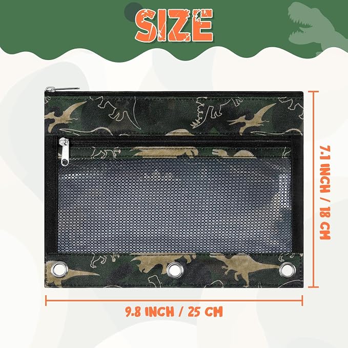 WAWSAM Dinosaur Pencil Pouch for 3 Ring Binder, Zipper Pencil Pouch for Boy | 2 Pocket Clear Window Pencil Case, 3 Ring Pencil Pouch for School Supplies, Pencil Bags for Office College