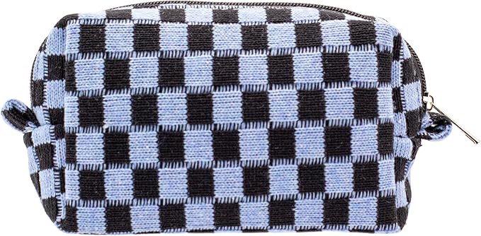 Checkered Makeup Bag for Purse, Small Travel Cosmetic Pouch,Blue Black | Cute Zipper Makeup Organizer for Women, Travel Essentials, Toiletries, Makeup Brushes, Beauty Accessories&Bridesmaid Gifts