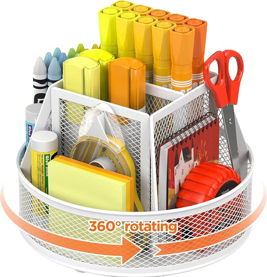 Docnest 360°Rotating Mesh Desk Organizer,6-Compartment Pen Holder,White | Heavy-duty metal holder with removable divider. Space-saving stationery storage for pencils, scissors & markers