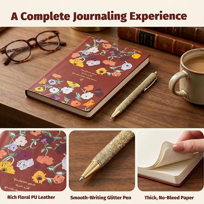 Premium Floral Music Composition Notebook with Pen, 100 Pages Lay Flat Waterproof Journal for College Students, Vintage Diary and Planner for Music Lover and Fan