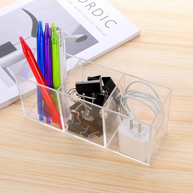 elysolpluv Clear Acrylic Silverware & Pen Organizer Caddy, Transparent Plastic Silverware Holder, Perfect for Office, Bedroom, and Bathroom Storage
