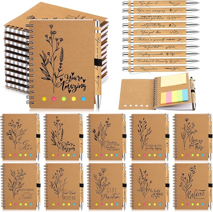 Watersay 10 Set First Day of School Gift for Teacher Students Bulk Inspirational Notebooks with Thank You Pens Back to School Employee Coworkers Staff Appreciation Gifts (Boho Froal)