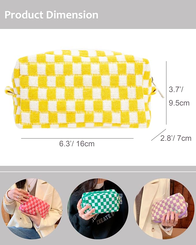 PAZIMIIK Checkered Makeup Bag for Purse, Small Travel Cosmetic Pouch,Yellow | Cute Zipper Makeup Organizer for Women, Travel Essentials, Toiletries, Makeup Brushes, Beauty Accessories&Bridesmaid Gifts