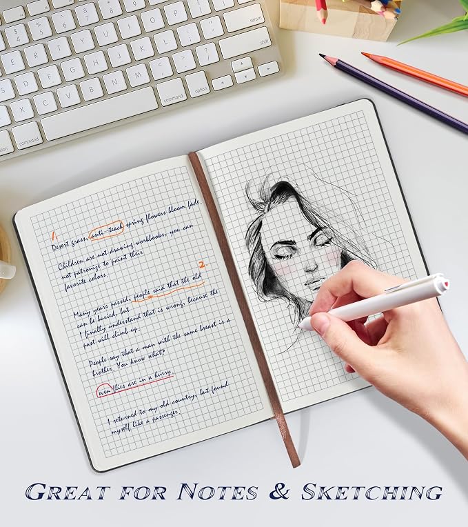 Biuwory A5 Hardcover Graph Paper Notebook, Grid Leather Journal for Writing | 140 Quad Ruled Grid Pages Vintage Diary, 5.7"×8.3" Travel Notebook for Work, School, Women & Men