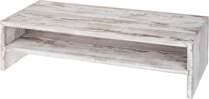MyGift Shabby Whitewashed Wood Computer Monitor and Laptop Riser Stand for Desk, 2 Tier Office Desktop Storage Shelf