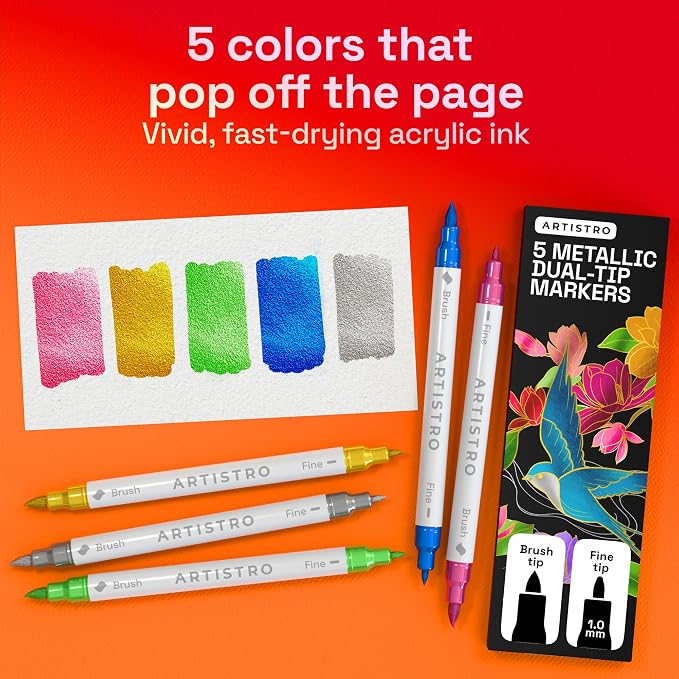 ARTISTRO 5 Metallic Acrylic Paint Markers - Paint Pens for Drawing - For Fabric, Rock, Glass, Wood, Molds - Arts & Crafts Gift for Adults, Teens, Kids, Classroom Must Haves & School Supplies