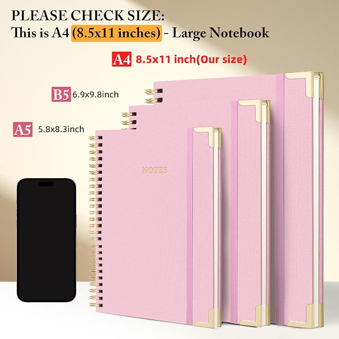 A4 Large Spiral Notebook Journal, (8.5×11'') 100 Pages Sheets Linen Hardcover College Ruled Journaling For Work & Note Taking Thick Spiral Journal For Writing Daily Journal For Women & Men- Pink