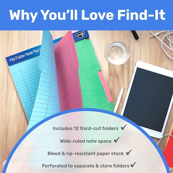 Find It File Folder Notepad - Pack of 12-9.5 x 12.5 Inch Notebook Organizer Folders for Filing, Document, and Clipboard Organization - Assorted Colors | Wide-ruled clipboard-style pages, tear-out perforated sheets, great for office, home, and school fi...