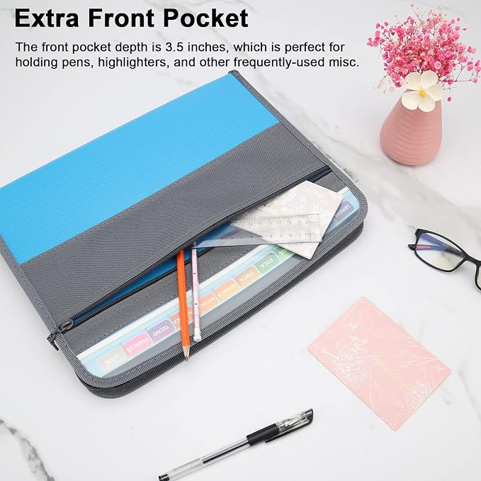 NAFY Expanding File Folders, 2Pack, 13 Pockets, A4 Letter Size, Portable Accordion, Zipper, Multicolor Labels, Office School Supplies, Black+Blue