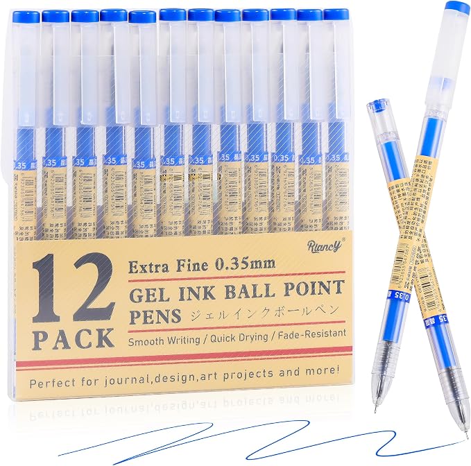 Japanese Style Blue Gel Ink Pens, 0.35mm Extra Fine Point, No Smudge Quick Drying, Japanese Ink Pen for Journal Planners, Thin Notebook Paper, Office School Supplies, 12 Pack, Writing Drawing