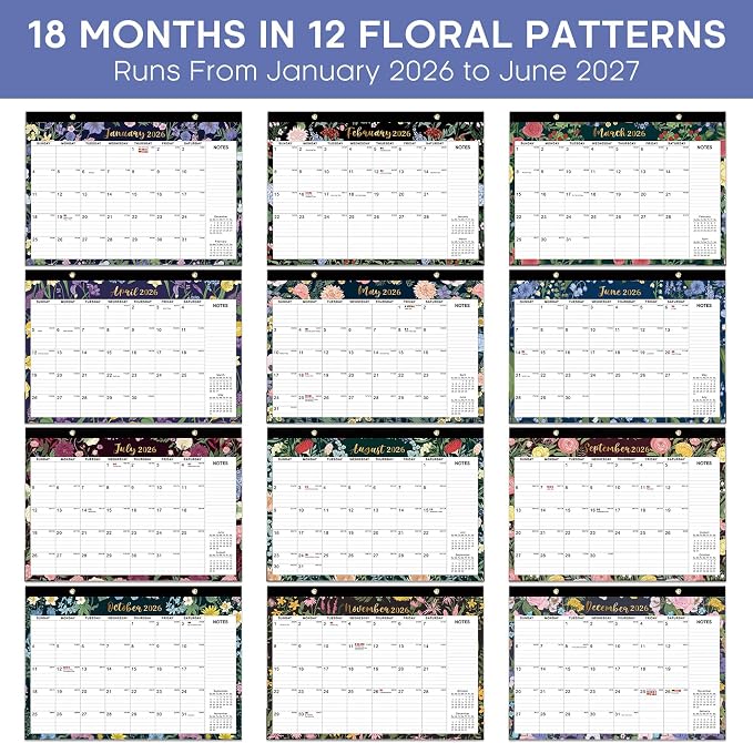 Desk Calendar 2026-2027, 18-Month Calendar, Large 17" x 12" Monthly Desktop & Wall Calendar for Home & Office - Midnight Garden