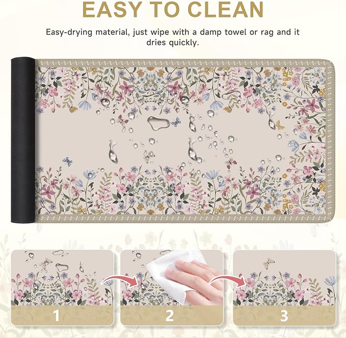 iCasso Floral Desk Mat for Keyboard and Mouse,Cute Gaming Mouse Pad XXL,Anti-Slip Desk Matt for Desktop,Soft Lycra Surface Computer Mat Women,Girly Big Mousepad for Home Office (Beige)