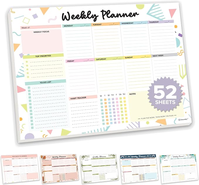 Decorably 52 Sheets Colorful Pastel Weekly to Do List Notepad - 11x8.5" Spring-Bound Planner Pad, Easy Tear-Off for Priorities, Habit Tracker, Focus & Notes - Home, School, Office
