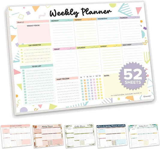 Decorably 52 Sheets Colorful Pastel Weekly to Do List Notepad - 11x8.5" Spring-Bound Planner Pad, Easy Tear-Off for Priorities, Habit Tracker, Focus & Notes - Home, School, Office